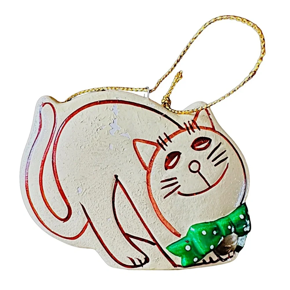 ENESCO Vintage Ceramic Christmas Kitten Ornament (pair of 2) Cream Hand Painted